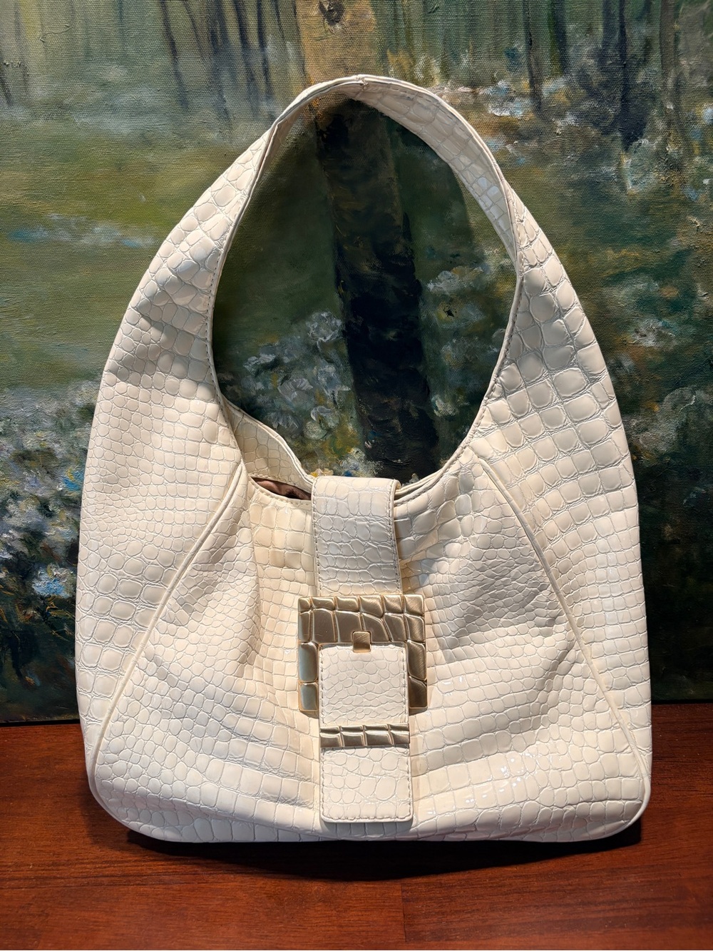 Michael Kors Cream Croc-Embossed Hobo with Gold Buckle
